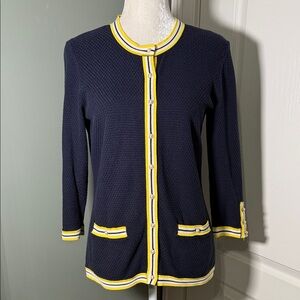 Talbots Textured Knit Cardigan Navy Pearl Button Contrast Trim Size Small